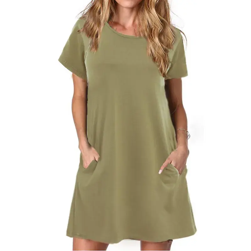 Nova Moda Feminina Casual Verão T Shirt Vestido Solto Manga Curta Túnica Vestido Com Bolsos