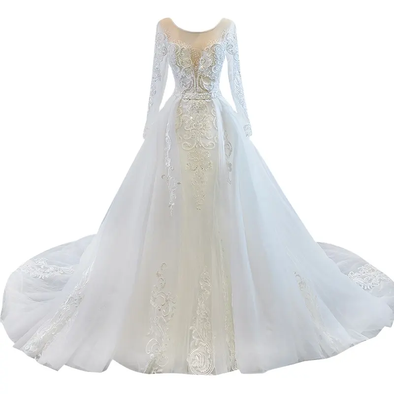 Real elegante mangas compridas vestido de casamento branco sereia vestido nupcial vestidos laço casamento vestido