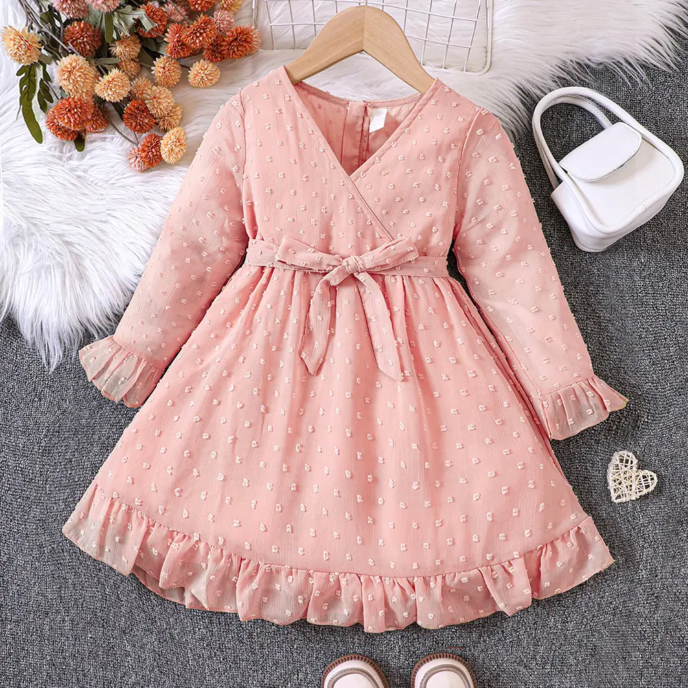 2023 meninas novas manga longa princesa vestido crianças casual dot chiffon vestido