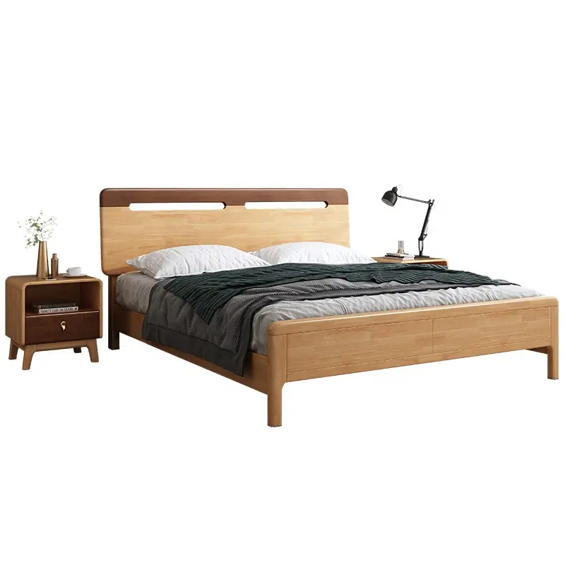 Juego de muebles de madera maciza para dormitorio, set de cama doble de alta gama con edredones de madera maciza y diseño moderno