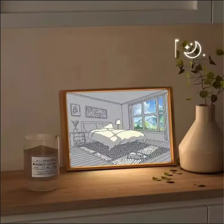 Placa de acrílico criativa animação paisagem decoração para casa moldura de madeira pintura arte da parede pintura luz LED