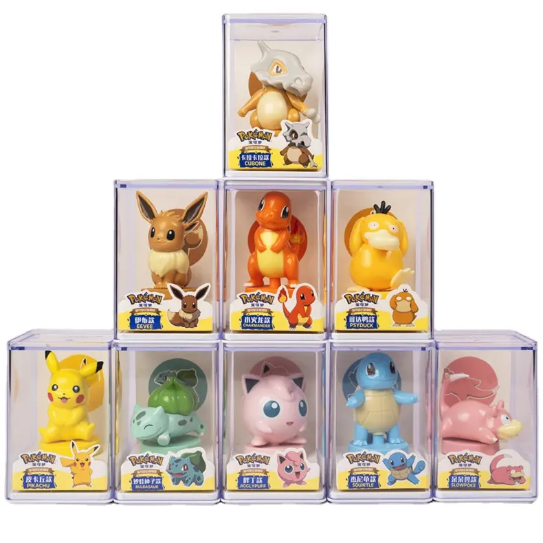 9 buah/set Poke moned mainan tokoh aksi dengan kotak akrilik Anime Pikachu Eeve boneka aksi kotak buta Dekorasi mainan anak-anak