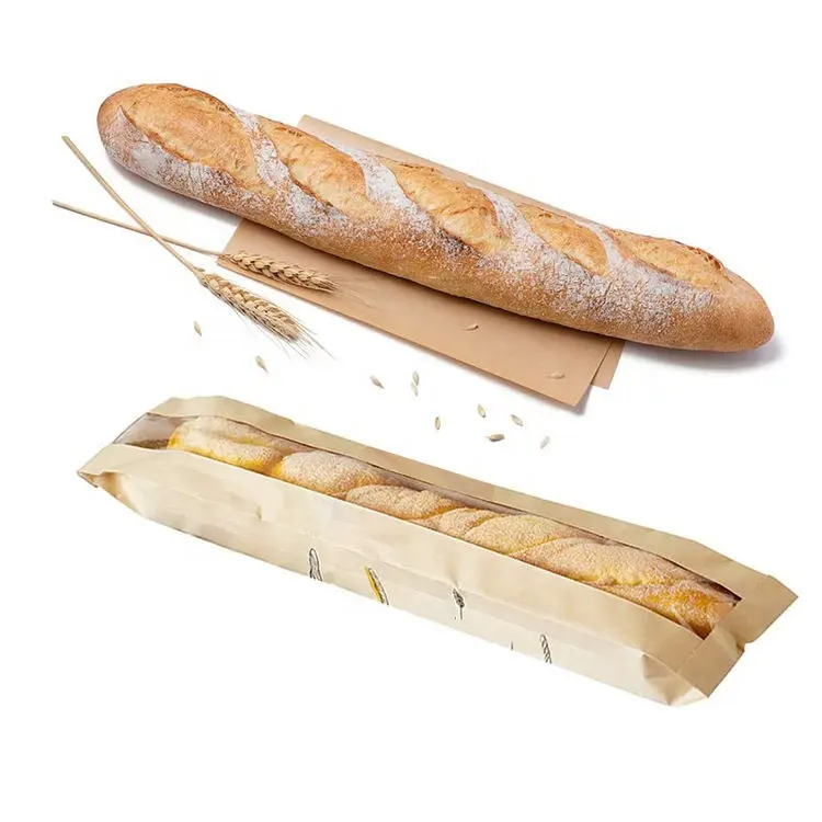 ถุงใส่ขนมอบแบบย่อยสลายได้,ถุงขนมปังฝรั่งเศสสีขาวน้ำตาลด้านล่างมีขอบอบเป็นมิตรกับสิ่งแวดล้อม