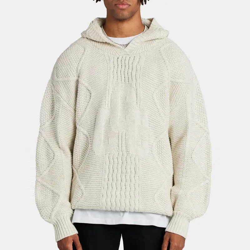 उच्च गुणवत्ता वाला फैशनेबल विंटर प्लेस्वेटर स्ट्रीट ब्लैक एन चंकी केबल निट कॉटन हुडी पुरुष कस्टम लोगो हुड वाला स्वेटर