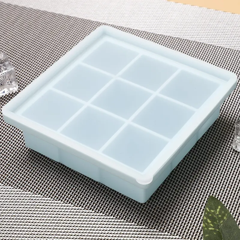 Maravilloso molde de silicona para bandejas de cubitos de hielo de goma para congelar alimentos personalizado con 9 agujeros con tapa