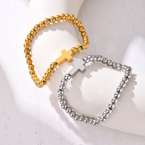 防水弹性绳无光泽不锈钢18k镀金圆珠弹力十字手链 - Product Image 6
