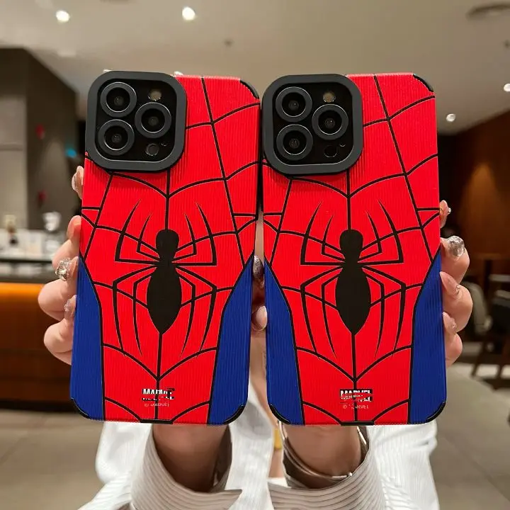 Fashion Print Spider Men Design custodia per telefono in pelle Lens Protect Cover posteriore antiurto per iPhone 15 14 13 12 11 pro max XS XR