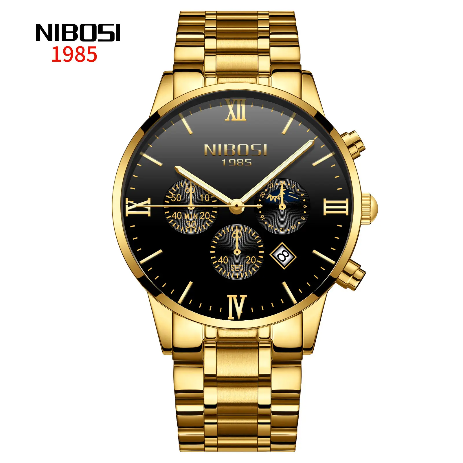 NIBOSI 2325 Classic Men's Roman Numers Dial resistente à água do aço inoxidável relógio de pulso com função cronógrafo