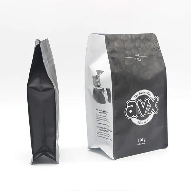 Saco de café preto fosco com válvula, folha de alumínio preta fosca impressa personalizada 100g 250g 500g 1kg 12 oz