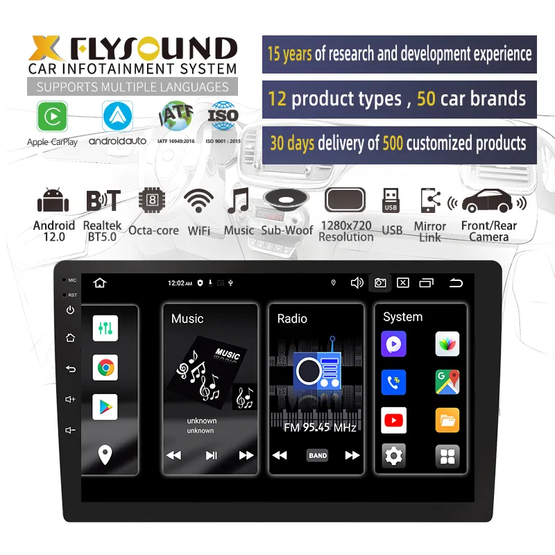 Flysonic Suporte 10 polegadas personalização Ultra Clear Screen 2din 3 + 32GB Android 12 Sistema GPS WiFi 4G Multimedia Car Radio