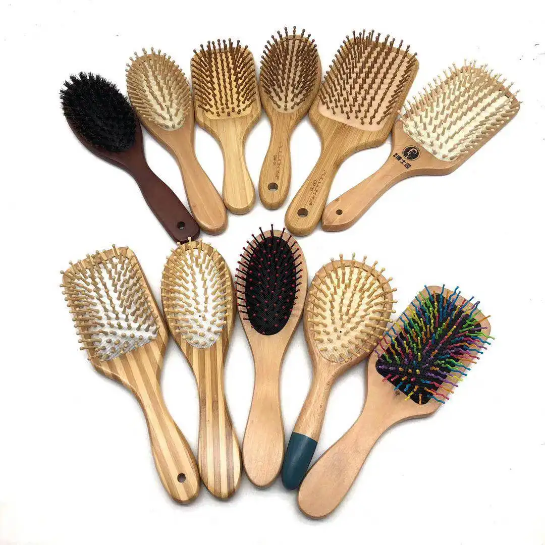 Logo personnalisé brosse à cuir chevelu brosse démêlante brosse à cheveux en bois de haute qualité