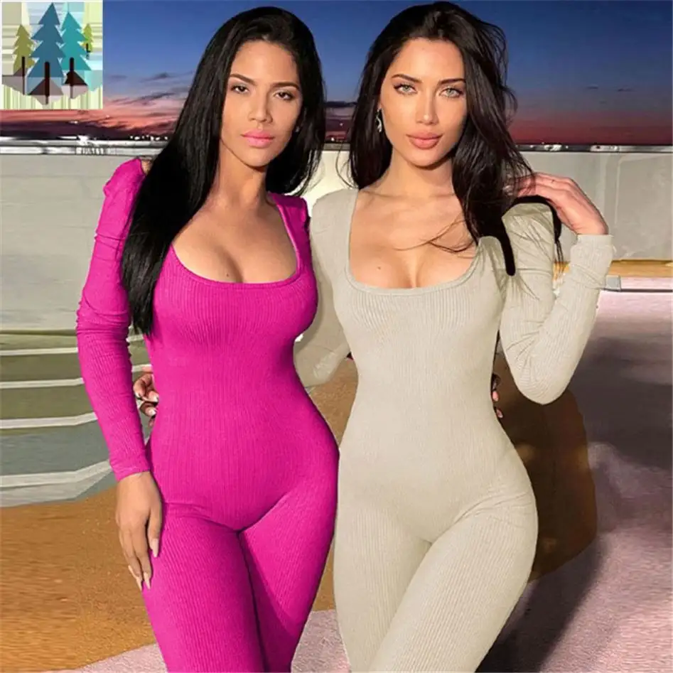 Spring 2024 Winter famous brand private label poly spandex ribbed knit fitness jumpsuit catsuit women s clothing dupe