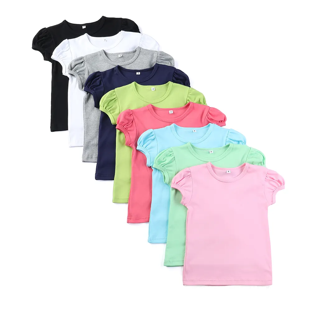 LANYE-camiseta personalizada de algodón peinado 100% para niña, camisetas de manga para niña abombada en blanco y rosa, camisas de verano