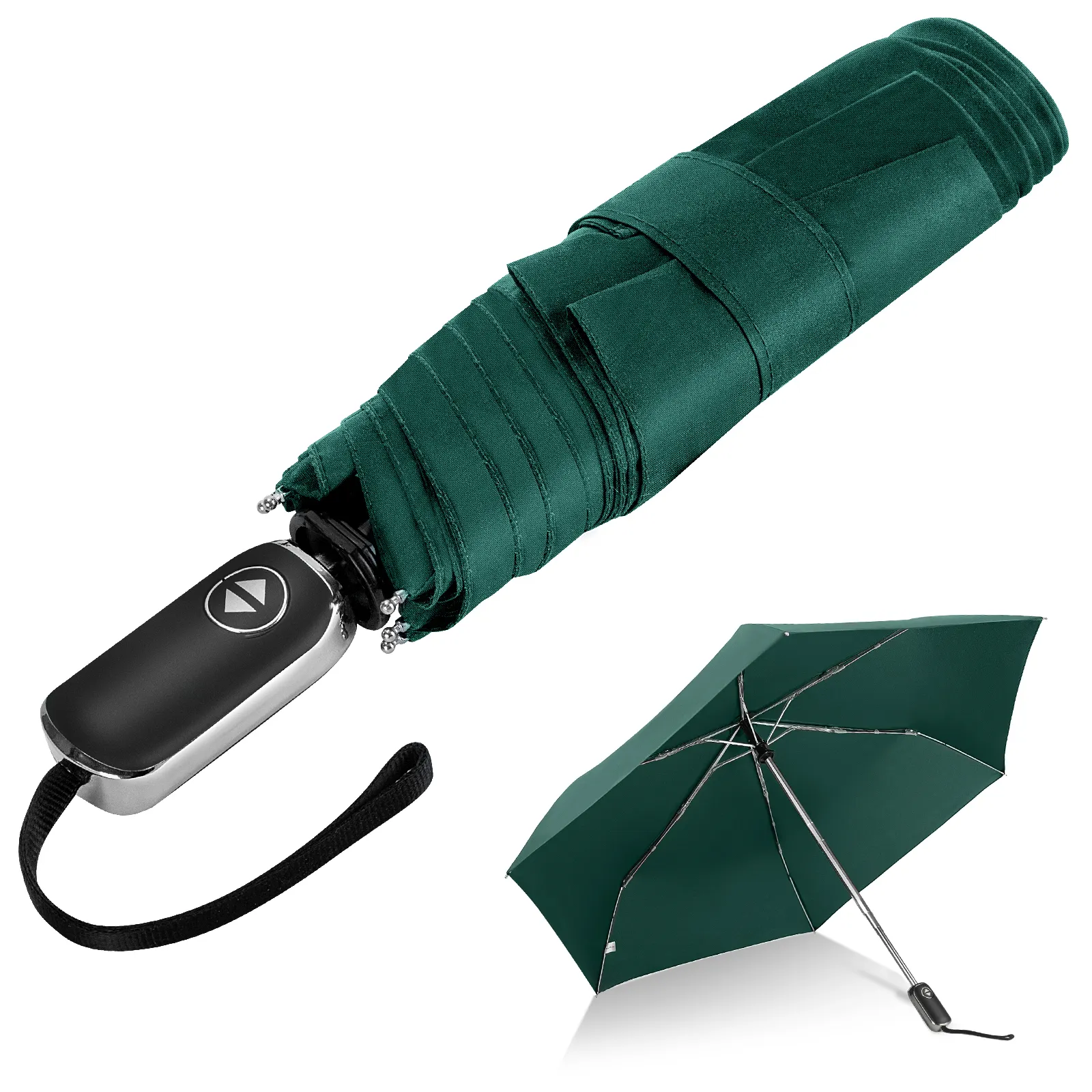 مظلة تخييم مطر خضراء اللون أوتوماتيكية بالكامل صغيرة الحجم 210T يمكن طيها ثلاث مرات ومقاومة للرياح بمقبض مسطح