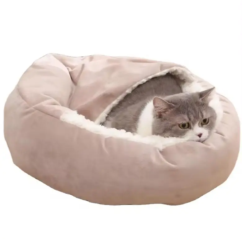 เตียงนอนสุนัขและแมวขนาดเล็กพร้อมผ้าห่มคลุมด้วยผ้ากอดแสนสบาย