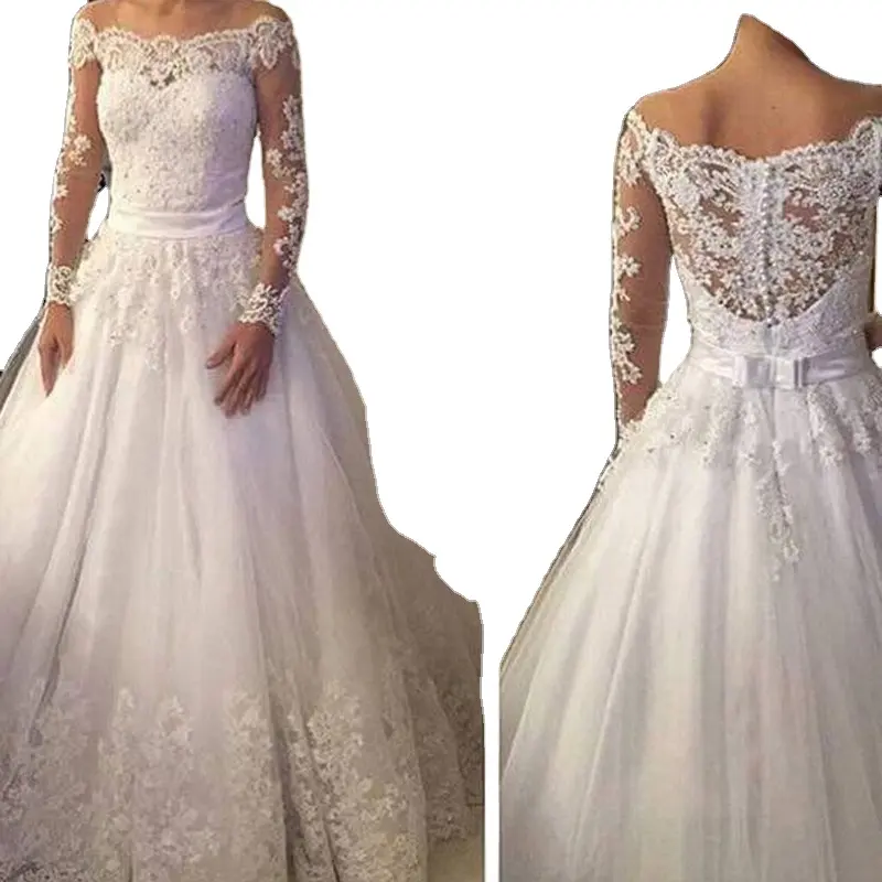 Vestido de novia de manga larga con apliques de tul, traje de boda modesto con cuello de barco, Princesa, ON3041, novedad de 2022