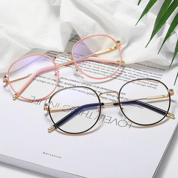 Montura de gafas ópticas redondas Vintage para mujer, lentes planas de nuevo diseño, gafas a la moda con luz azul