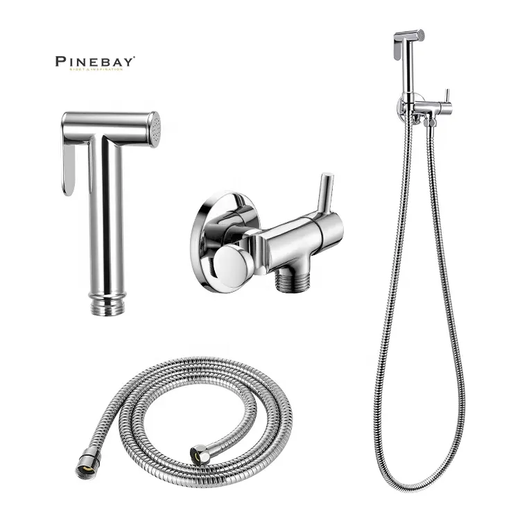 Pinebay Hot Selling Badkamer Zelfreinigende Gepolijste Chroom Shattaf Set Eenvoudig Te Bedienen Toilet Bidet Set Handheld Bidet Sproeier Set