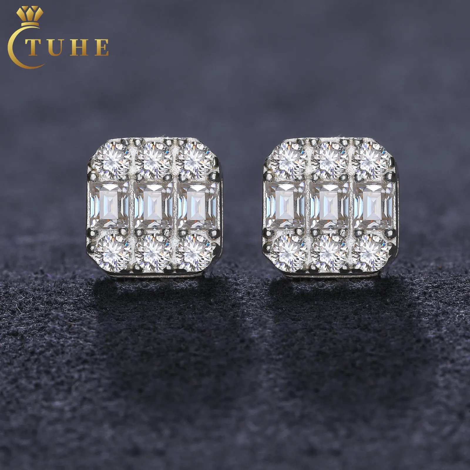 Precio barato al por mayor joyería 925 plata esterlina VVS Baguette Moissanite diamante geométrico Stud pendientes para hombres y mujeres