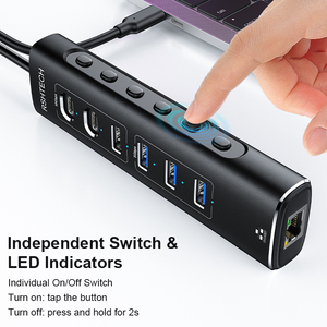 RSHTECH Powered 7 Ports USB 3.1/3.2 Gen 2 USB 3.0 Typ C Hub 7 in 1 Rj45 Netzwerk adapter Computer-Docking station für Laptop-PC - Product Image 4