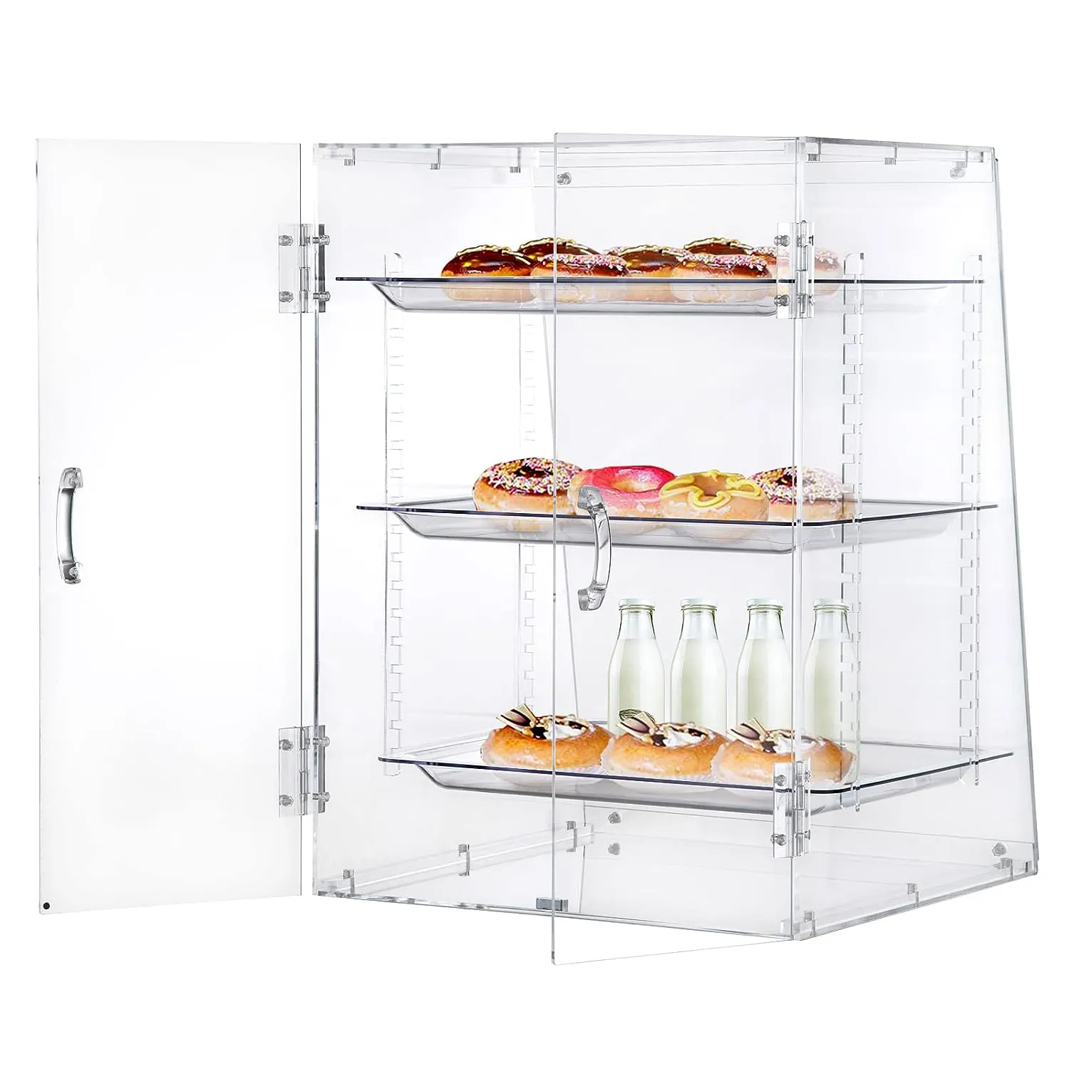 Mostra de exibição de pastelaria acrílica clara, prateleiras removíveis 3-Tier padaria caixas com acesso à porta traseira para bolo