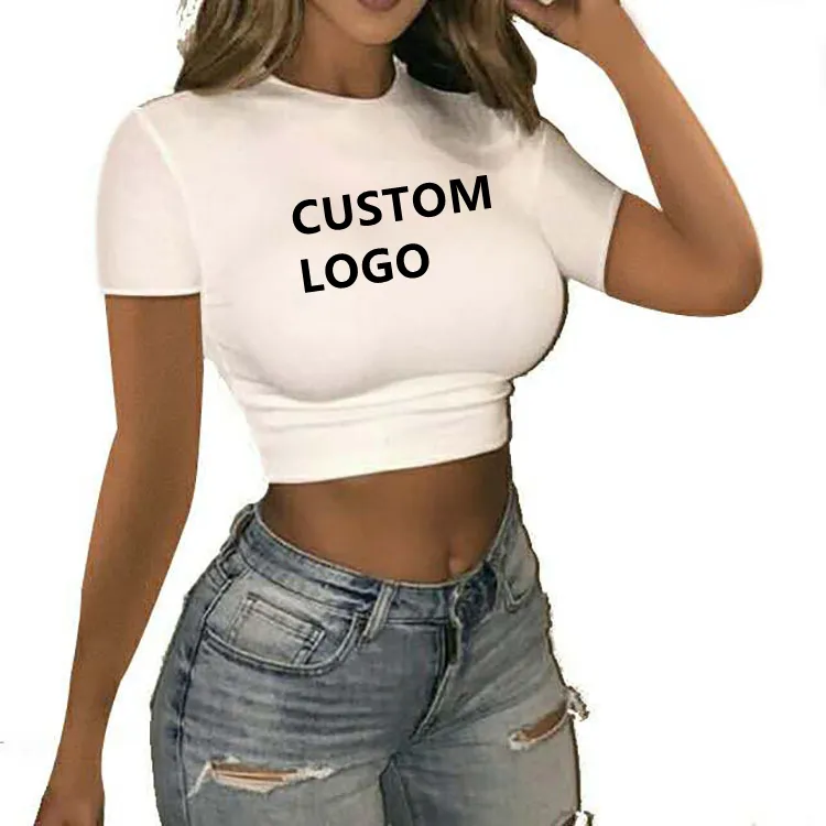सादा ग्रीष्मकालीन महिला स्लिम फिट पॉलिएस्टर टी-शर्ट क्रॉप टॉप महिला टॉप शर्ट प्रिंट बुनियादी छोटी आस्तीन के कपड़े महिला बुना क्रू गर्दन