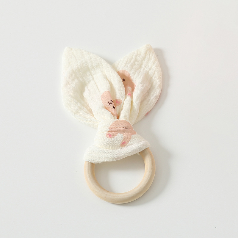 Pink rabbit-gauze-print wooden ring rabbit ears