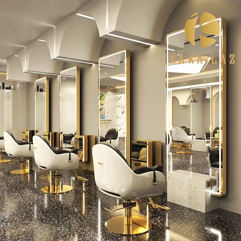Stasiun Salon dengan Cermin Sisi Ganda Cermin Salon Rambut Desain Cermin Salon Kecantikan