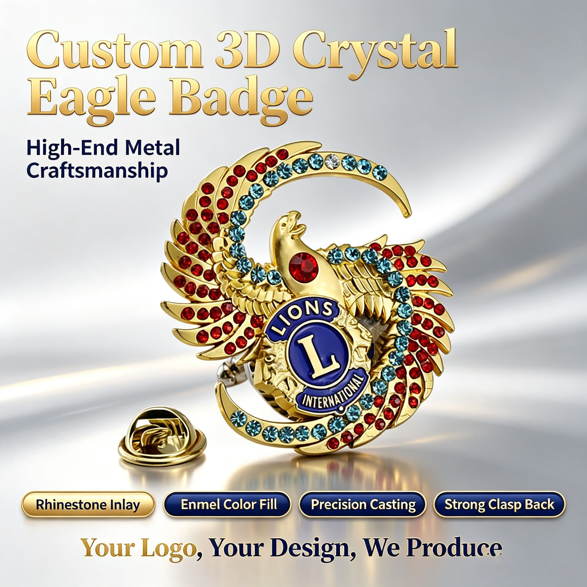 Distintivo Personalizzato con Aquila in Cristallo, Intarsio di Strass, Lavorazione in Metallo 3D