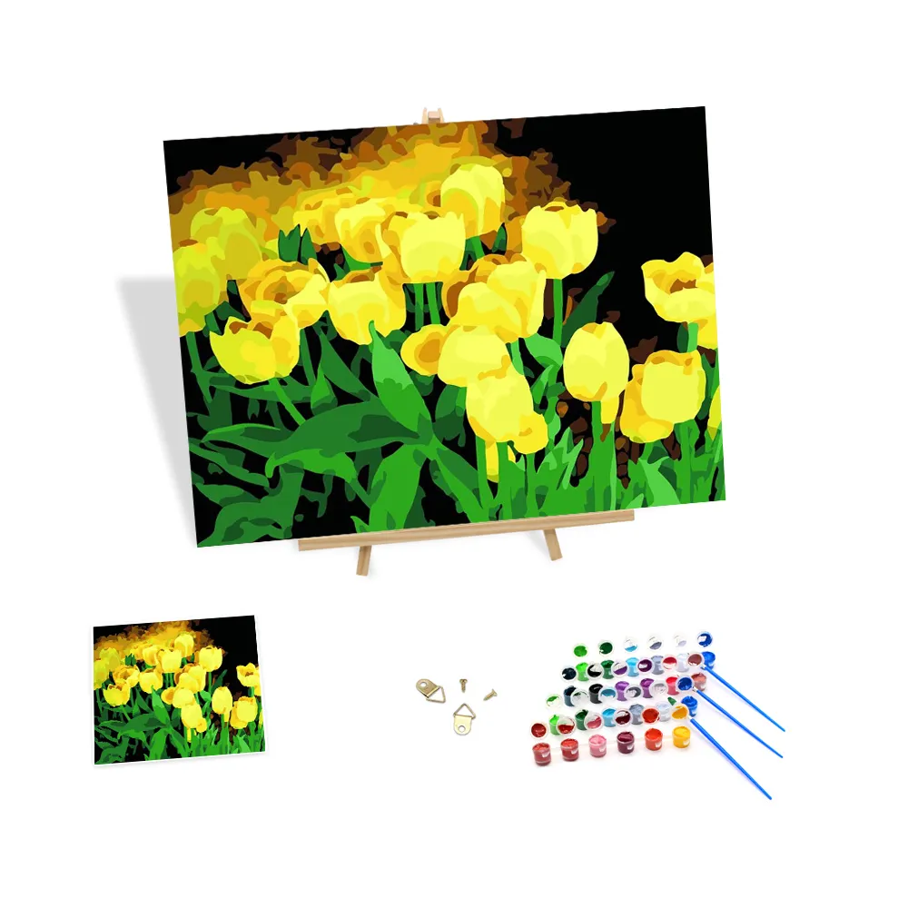 Recién llegado, pintura por números, tulipanes amarillos, pintura fácil por números para adultos, pintura al óleo de flores