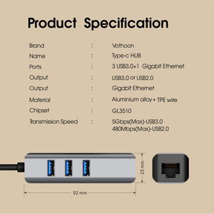 USB C HUB di rete RJ45 1000Mbps 3 porte USB 3.0 Splitter Gigabit Ethernet Hub Extender in magazzino - Product Image 4