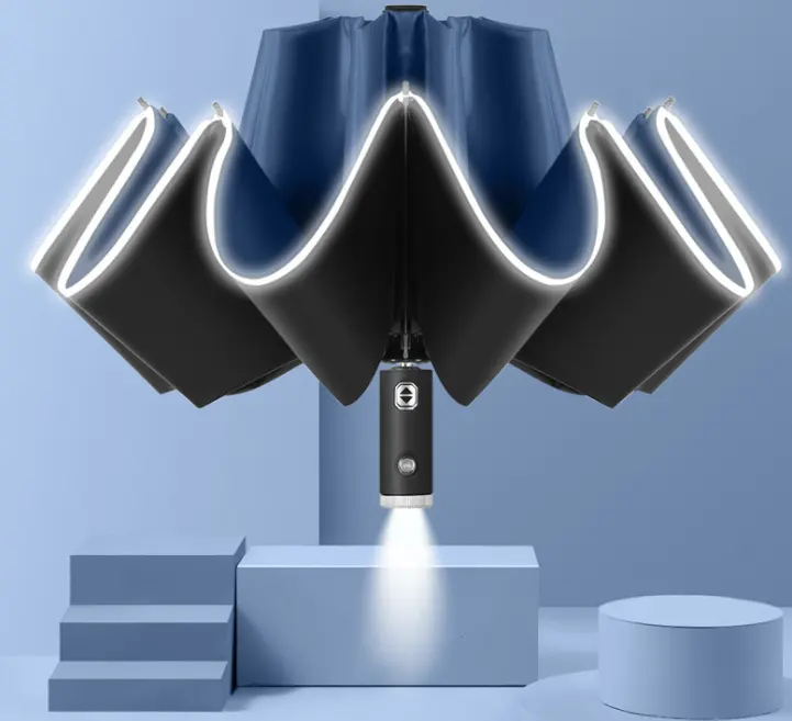 Ombrello automatico aperto chiuso inverso a LED con striscia riflettente ombrello inverso aziendale pieghevole a 3 con luce