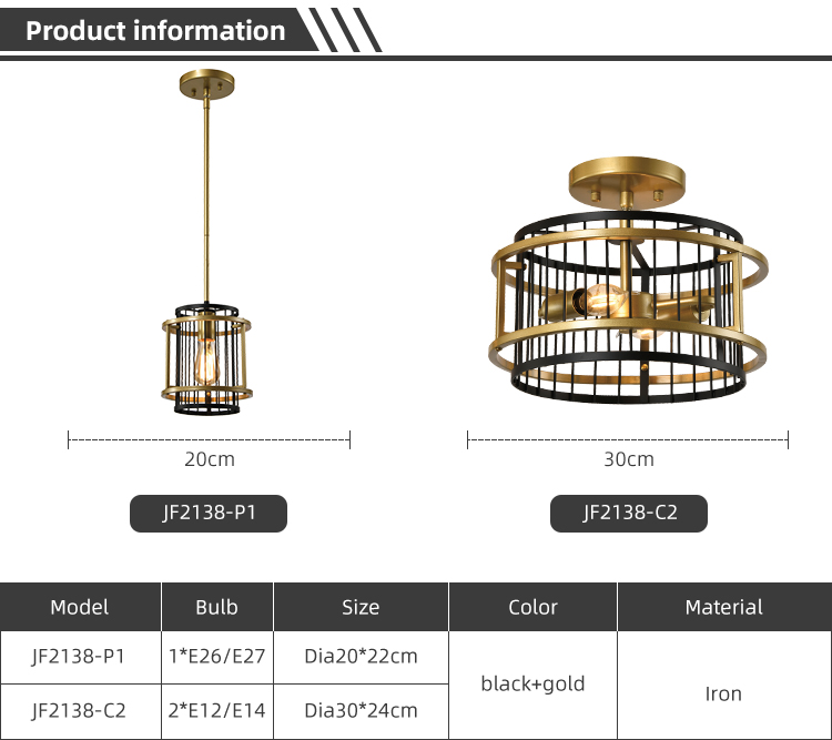 Modern Popular Indoor Decorative 1light 2light E12 E14 Black Gold Iron Ceiling Light