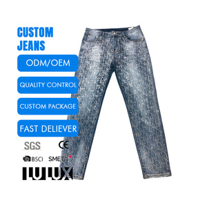 Nuovo Design all'ingrosso di alta qualità vernice sporca blu lavata <span class=keywords><strong>Jeans</strong></span> stretti da donna <span class=keywords><strong>Denim</strong></span> vestibilità regolare stile Hip Hop tessuto in vita estivo - Product Image 1