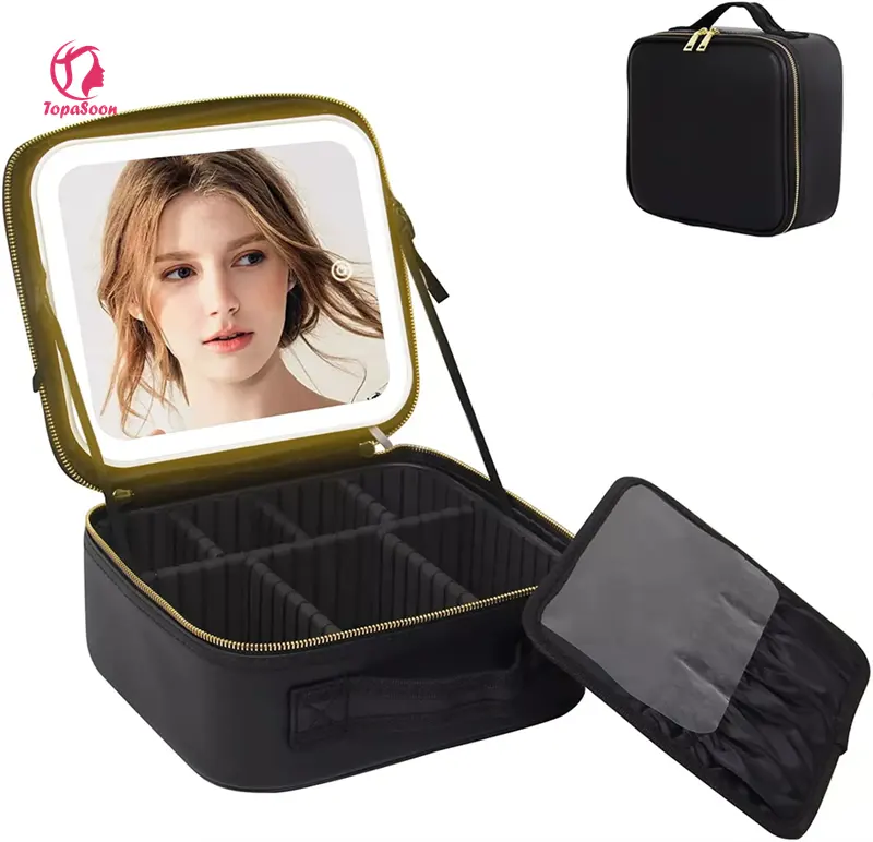 2022 vente en gros, en vrac, petit stockage de maille personnalisé de luxe en cuir Pu voyage maquillage sacs cosmétiques étuis avec miroir Led