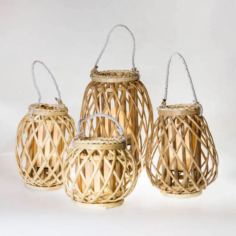 Portavelas de madera de ratán de bambú, linterna de mimbre hecha a mano natural tejida a mano, venta al por mayor del fabricante King Craft Viet