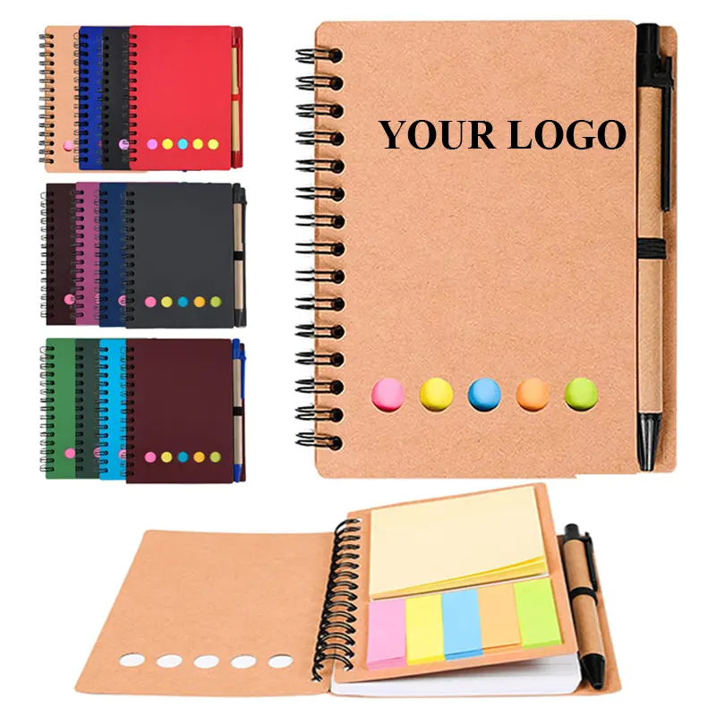 Logo personalizzato blocco note Kraft con penna note adesive Eco carta Kraft Notebook Mini piccolo taccuino stampa personalizzata taccuini con penna