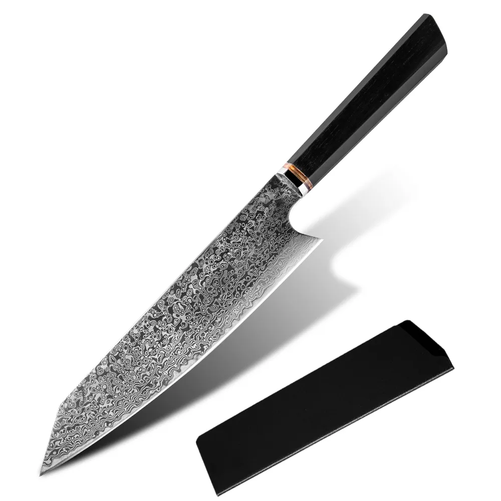 Pisau Koki Damaskus VG10 Inci, Pisau Pemotong Baja Damaskus Jepang Kiritsuke Oktagonal Hitam Eboni Gagang Memasak Pengiris 8"