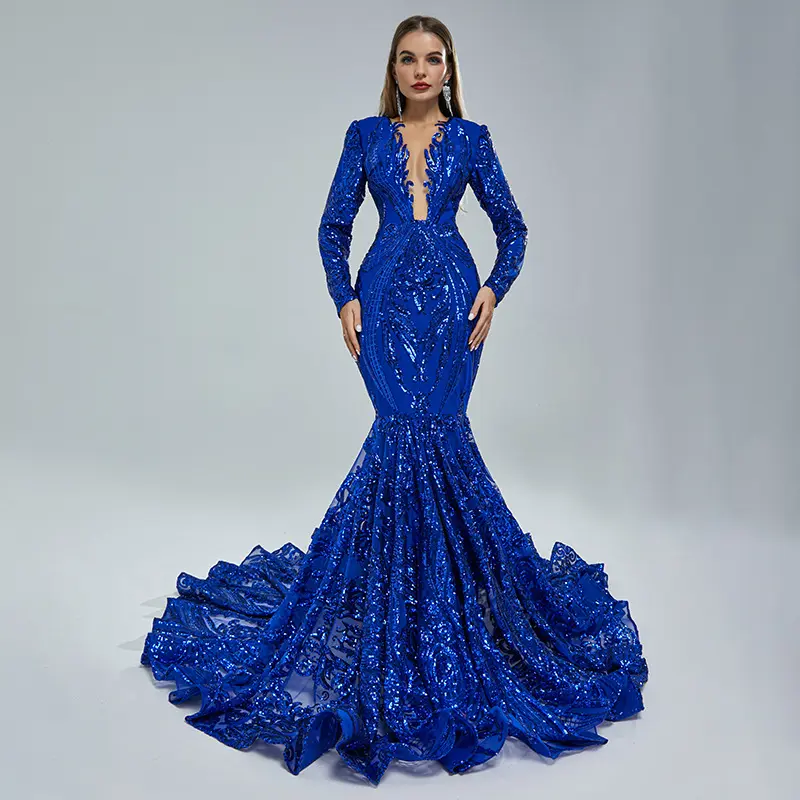 Ocstrade Sparkly Sequin Sereia Menina Negra Azul Royal Prom Vestidos Manga Longa Sheer Mergulhando Pescoço Evening Ball Gown Prom Dress