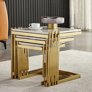 Good Quality <strong>Nesting</strong> Square Side <strong>Table</strong> Set for Living Room 3 PCS Small Marble Coffee <strong>Table</strong> Gold Stainless Steel Frame <strong>End</strong> <strong>Table</strong> - Product Image 5