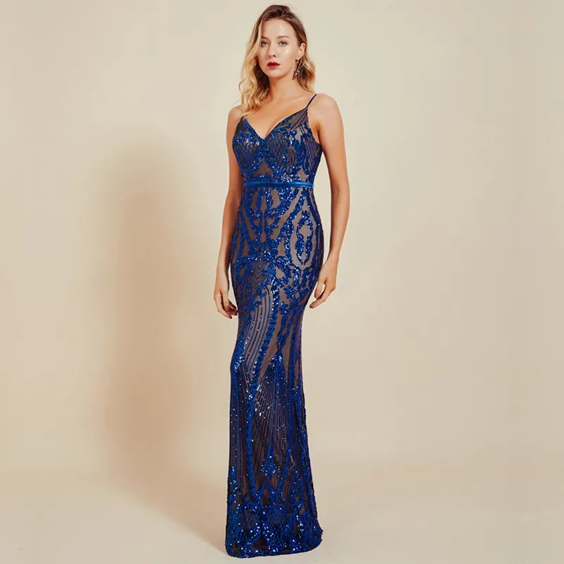 Vestido de noite luxuoso sem costas azul real, vestido longo de sereia para festa, elegante, lantejoulas, ideal para formatura, ideal para o ano de 2024