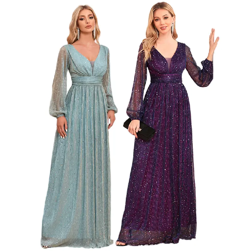 TW00084 Luxury Bridesmaid Dresses Wedding Long Sleeve V Neck Shiny Lining Stretch Chic Evening Dresses Formal Dress For Women