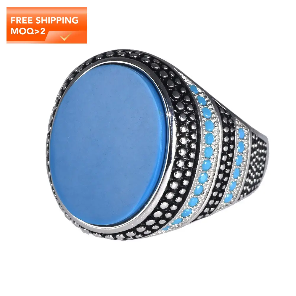 Guaranteed Silver 925 Mens Rings With Stone Simulated Turquoise Retro Vintage Turkish Finger Rings Man Jewelry