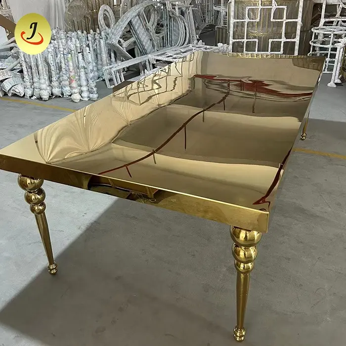 Atacado luxo tudo dourado aço inoxidável 8ft retângulo mesa de jantar para decoração do casamento usado