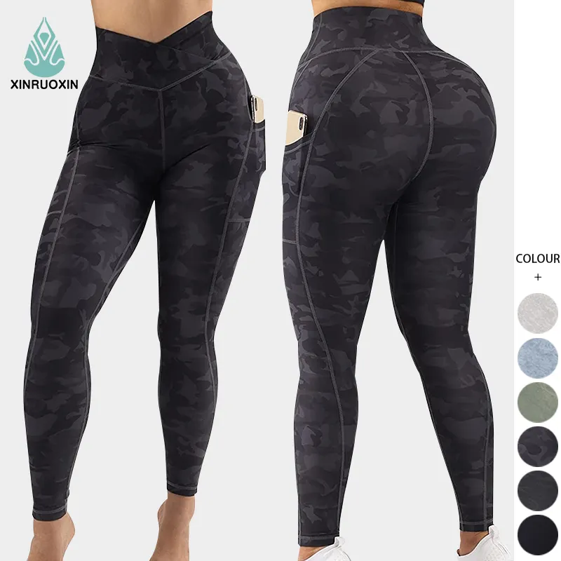 Custom Logo Fitness Clothing Sports Tight Yoga Leggings V Shaped Cut Waist Camo Printed Gym Leggings With Pockets Side for Women