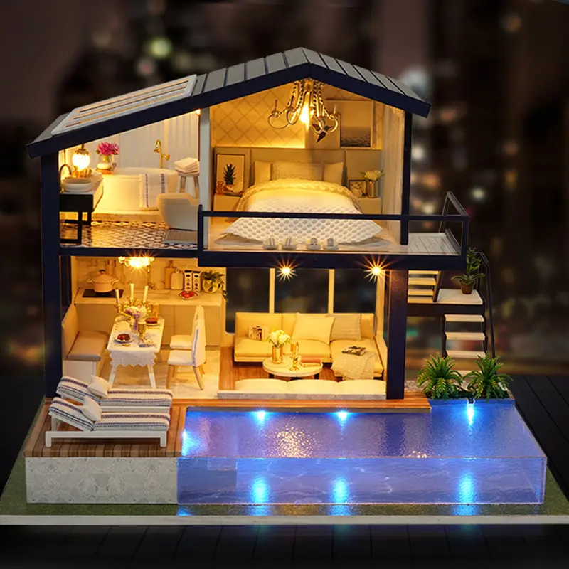 Casa de muñecas de madera, modelo de construcción, juguete plano para niña, regalo de cumpleaños, casa de muñecas de madera, casa de muñecas de madera, bricolaje