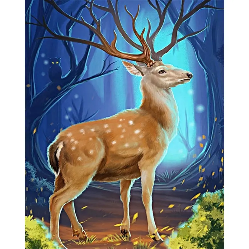 HUACAN-Pintura al óleo por números de ciervos, Marco listo, lienzo de bosque, dibujo, pintura por números, animales, regalo para niños