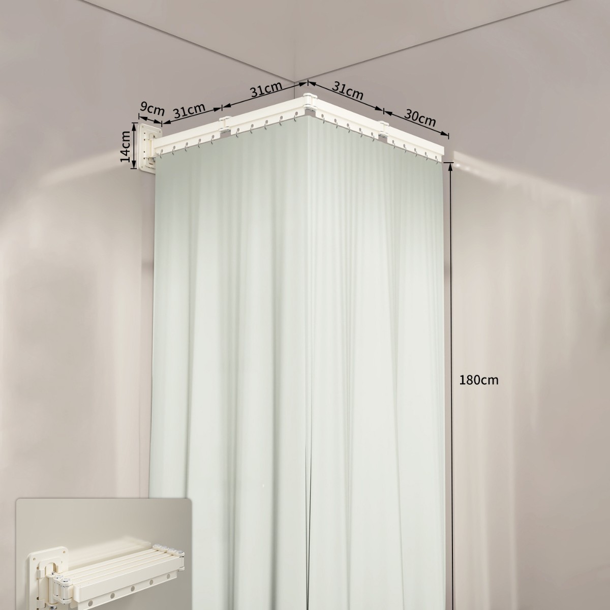 Light-colored polyester shower curtain, off-white, four-fold