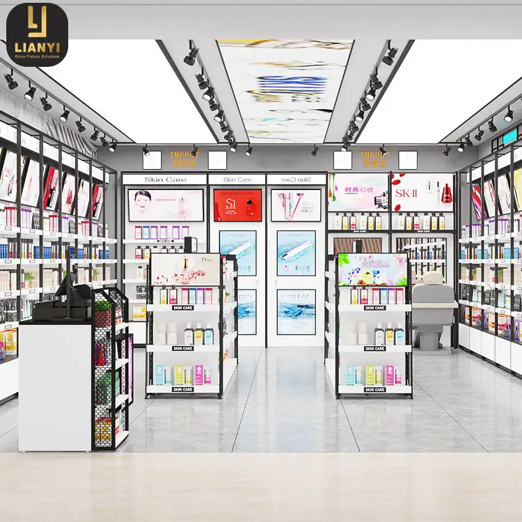 Modern Cosmetic Makeup Shop Interior Design Decoration Ideas Custom Logo Floor Standing Cosmetic Shelves Display
