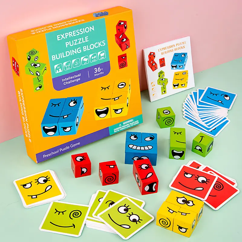 Expressions en bois bloc assorti Puzzle Cubes de construction jouets jeux de société jouets éducatifs Montessori jouets pour enfants